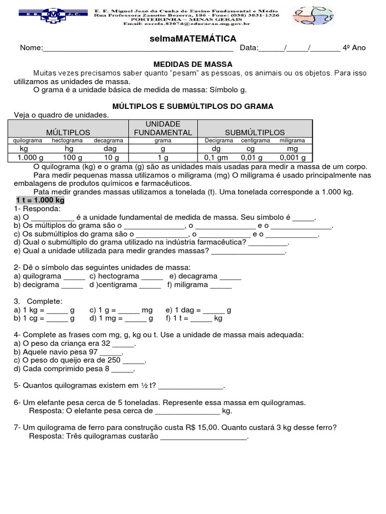 QUIZ DE MATEMÁTICA - 4º ANO - 5º ANO - MEDIDAS DE MASSA