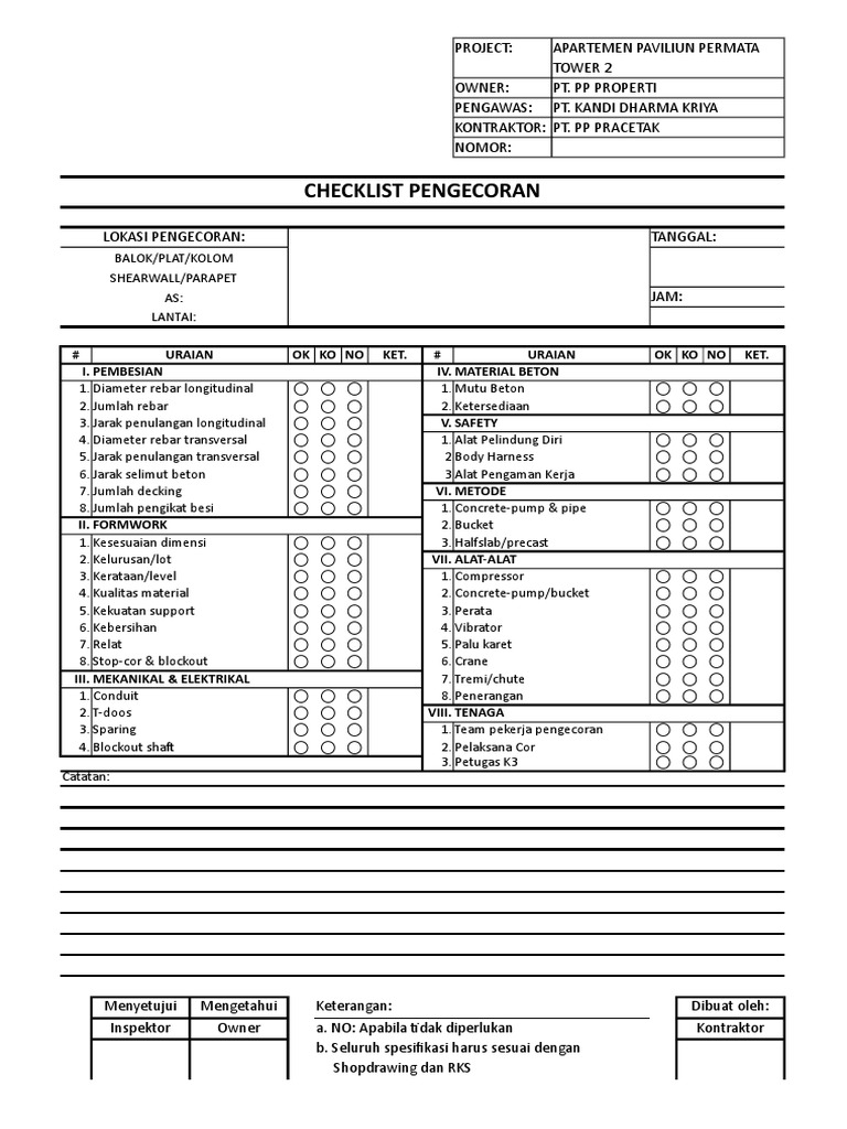 Checklist Pengecoran dan Pembongkaran | PDF