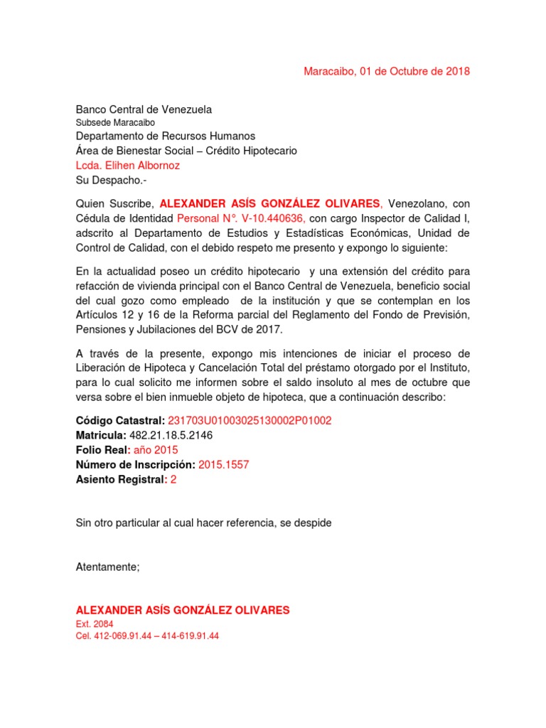 Alex Modelo Carta Solicitud Saldo Insoluto Prestamo Hipotecario