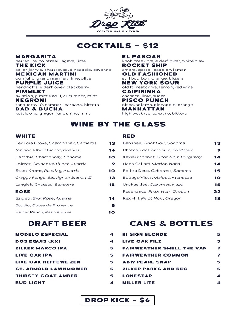 Drop Kick Food And Cocktail Menu