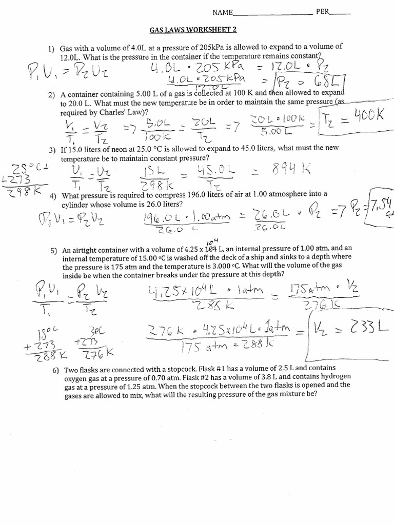Gas Laws Worksheet II Answers PDF | PDF