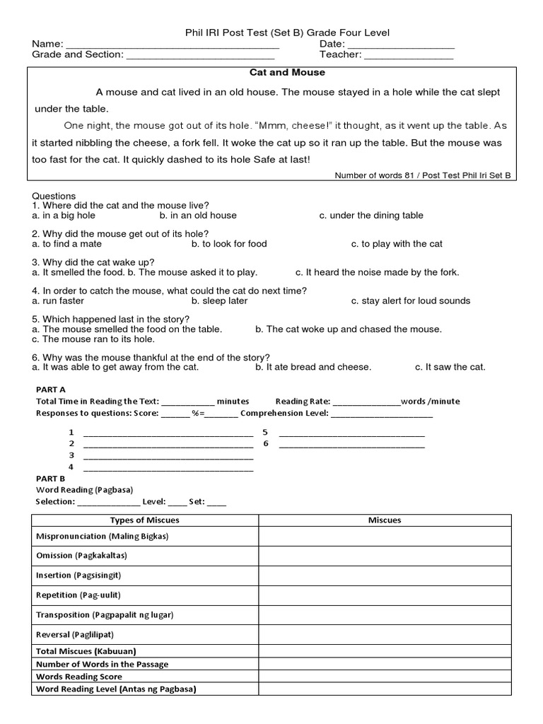 Grade 4 Phil IRI Post Test Set B | PDF