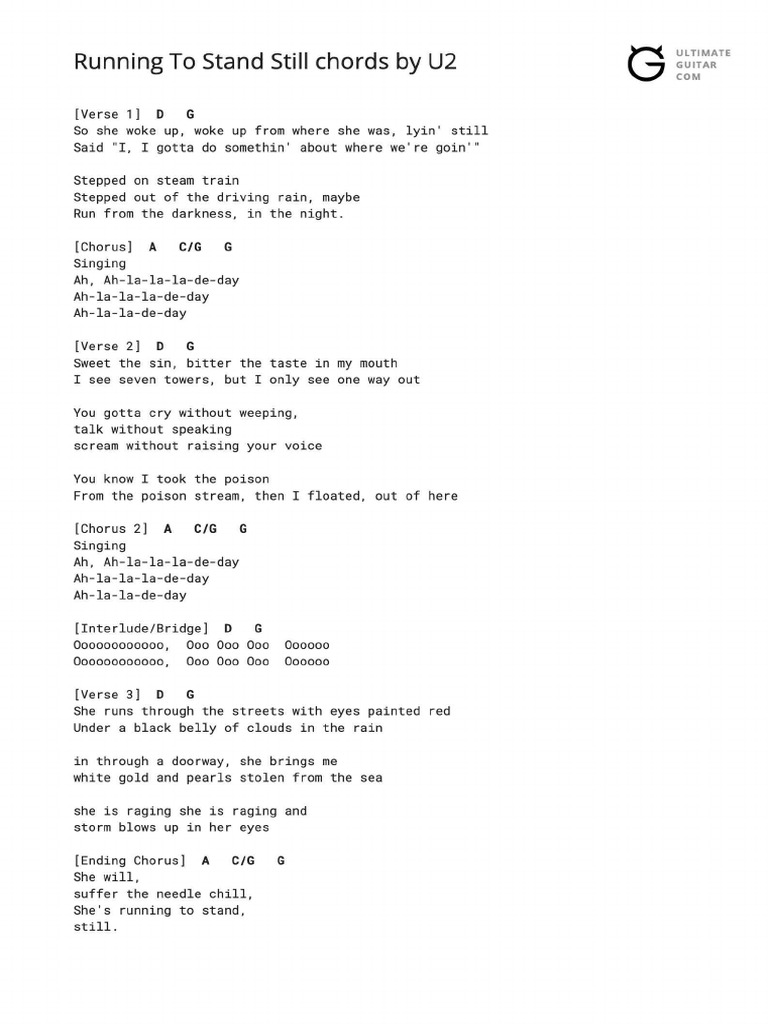 U2 Running To Stand Still Chords PDF