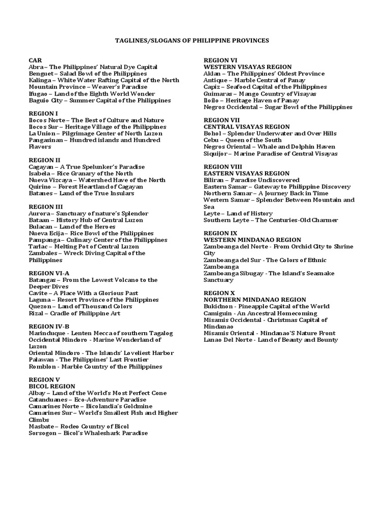 Taglines/Slogan of Philippine Provinces Philippines Luzon