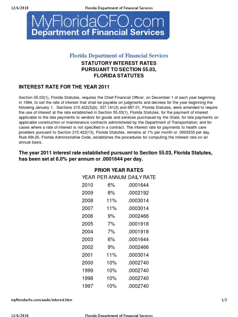 2011 Statutory Rate of Interest Florida Department of Financial