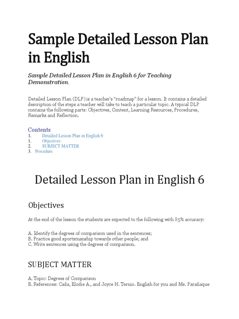 Sample Detailed Lesson Plan: English 6 | PDF | Lesson Plan | Cognitive ...