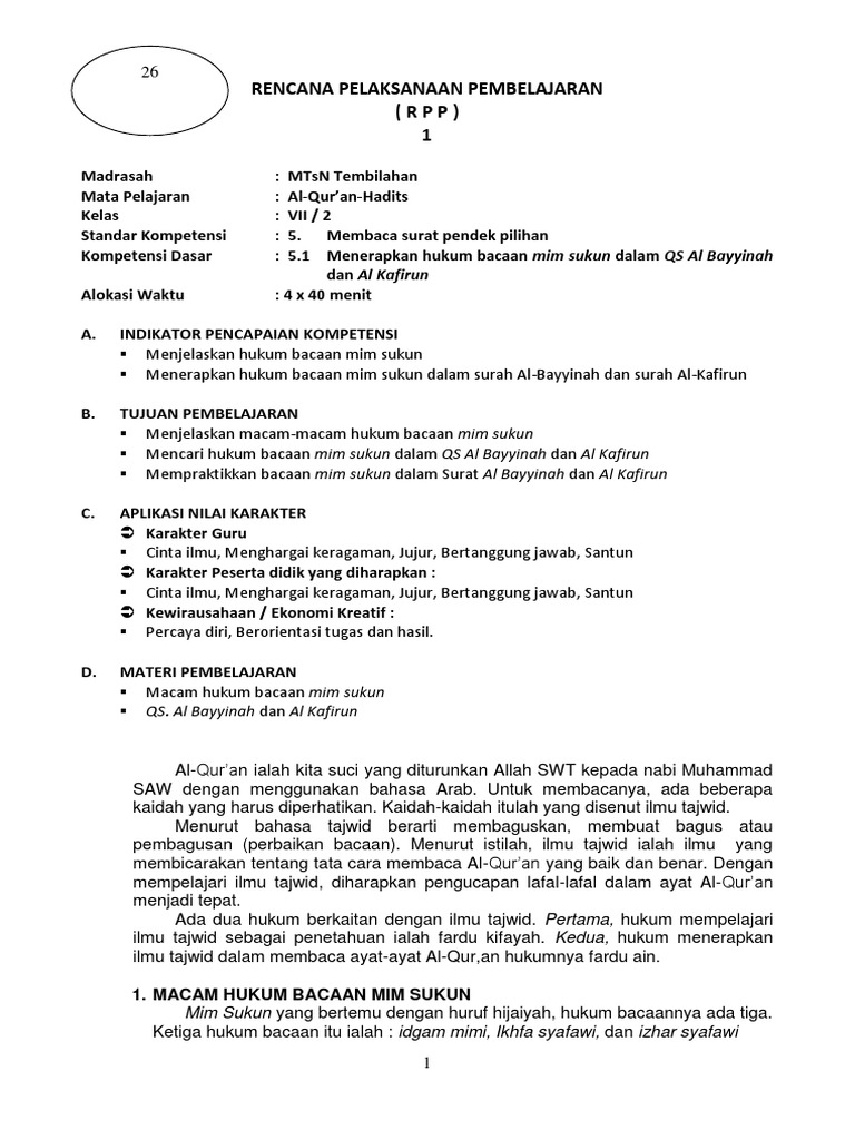 Rpp Quran Hadits 7 Semester 2