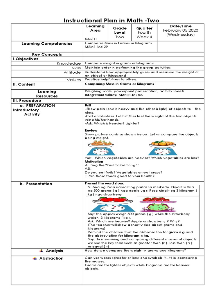 Grams and Kilograms Lesson Plan for Grade 2 | PDF