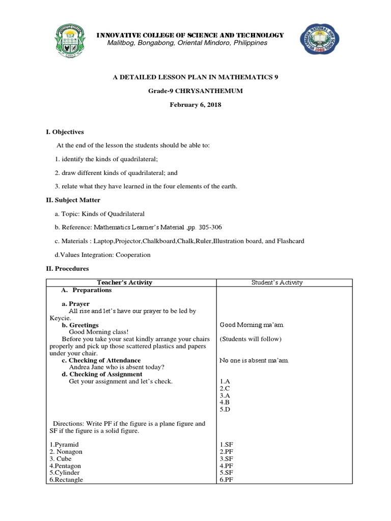 Lesson Plan: Quadrilaterals for Grade 9 | PDF | Rectangle | Elementary ...
