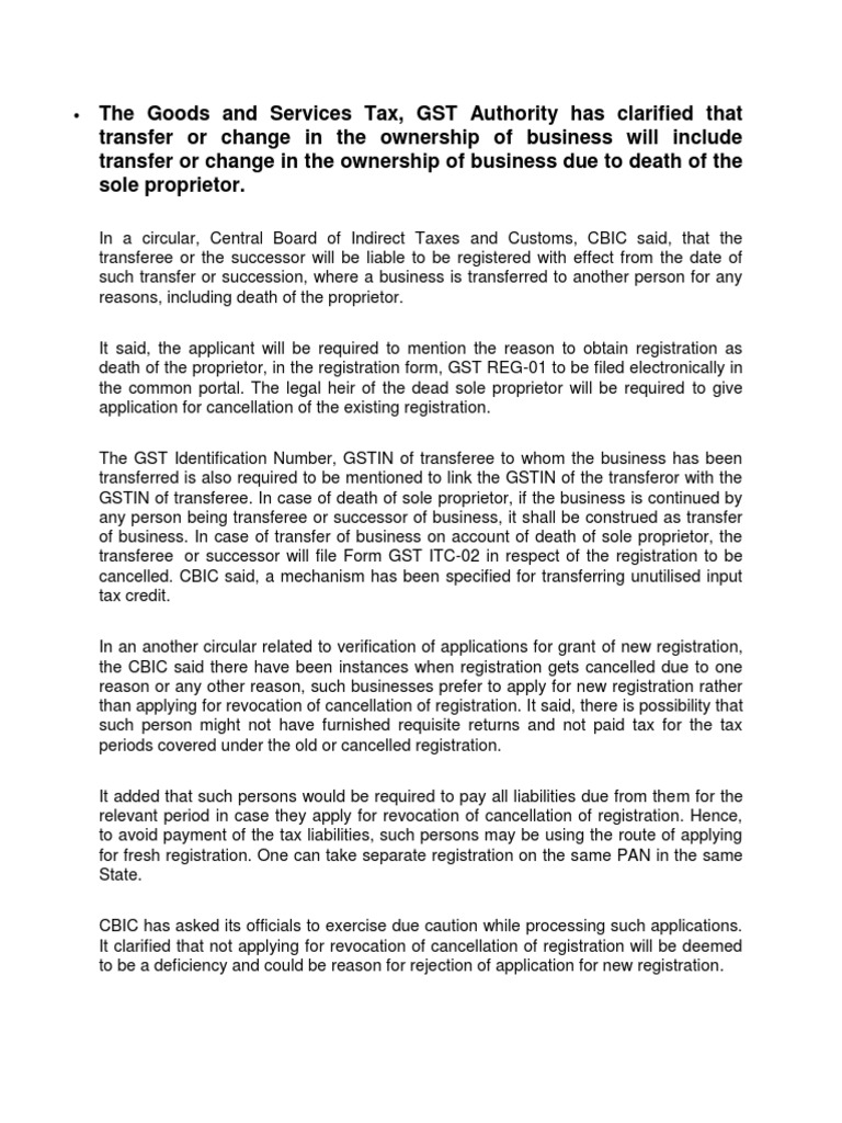 GST Reg in Case of Death PDF Sole Proprietorship Value Added Tax