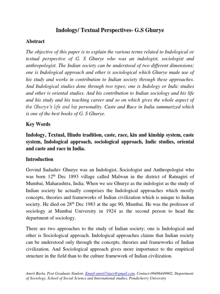 G.S. Ghurye's Indological Perspectives | PDF | Caste | Indology