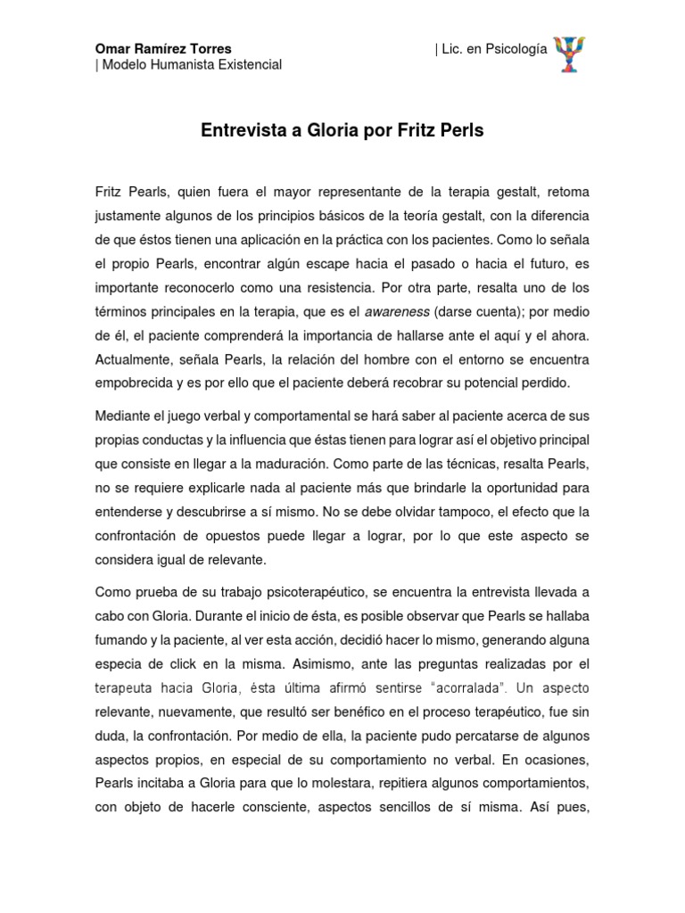 Entrevista A Gloria Por Fritz Perls PDF Terapia Gestalt Psicoterapia