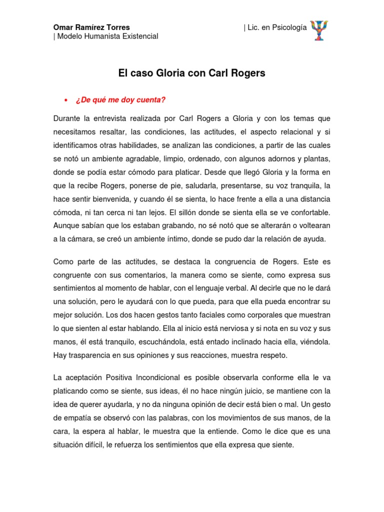 El Caso Gloria Con Carl Rogers PDF Sicología Conceptos psicologicos