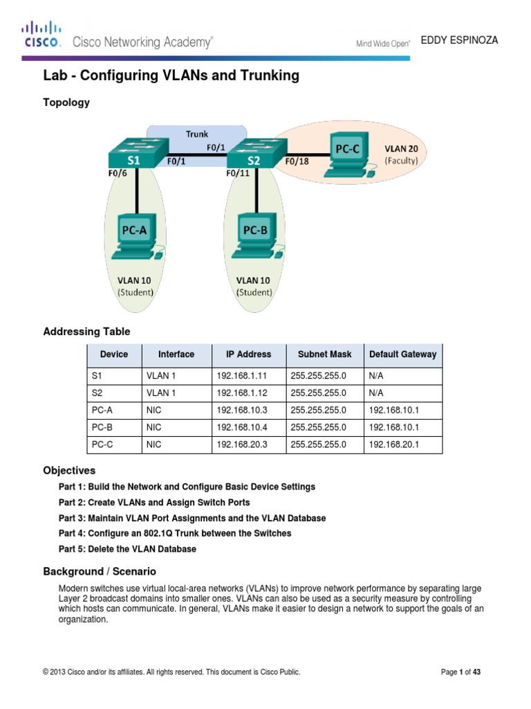 TALLER 6.2.2.5 Lab - Configuring VLANs and Trunking - DESARROLLO | PDF ...