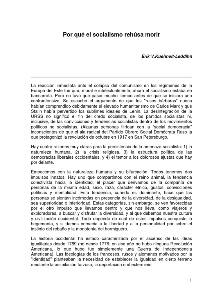 Por Que El Socialismo Rehusa Morir Erik Ritter Von Kuehnelt Leddihn PDF ...