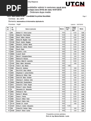Rezultate Partiale Admitere UTC - Calculatoare - 16.07.2018 | PDF