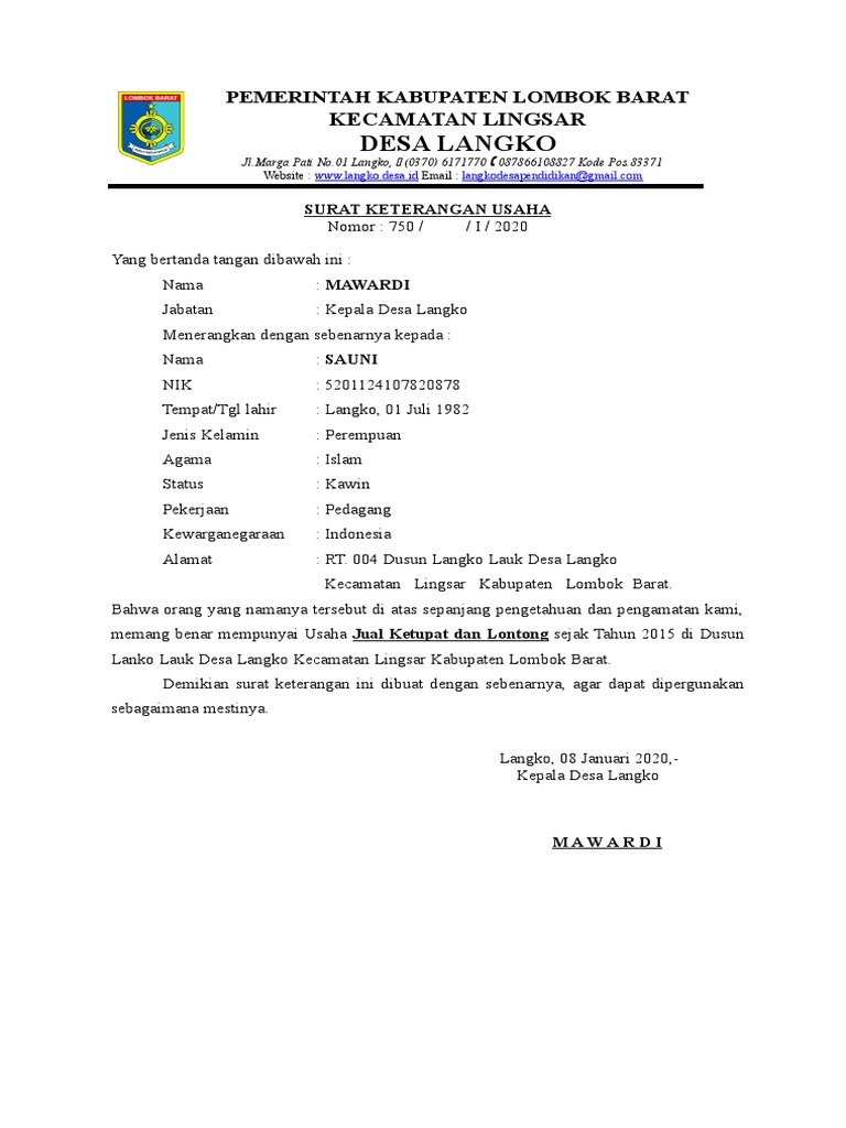 Contoh Surat Keterangan Usaha Dari Desa