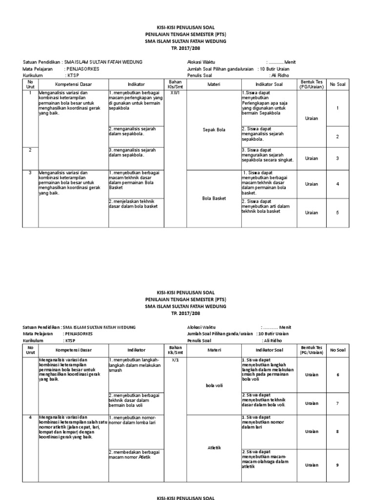 420258040 Kisi Kisi Dan Kartu Soal Pjok Kelas Xii Pdf