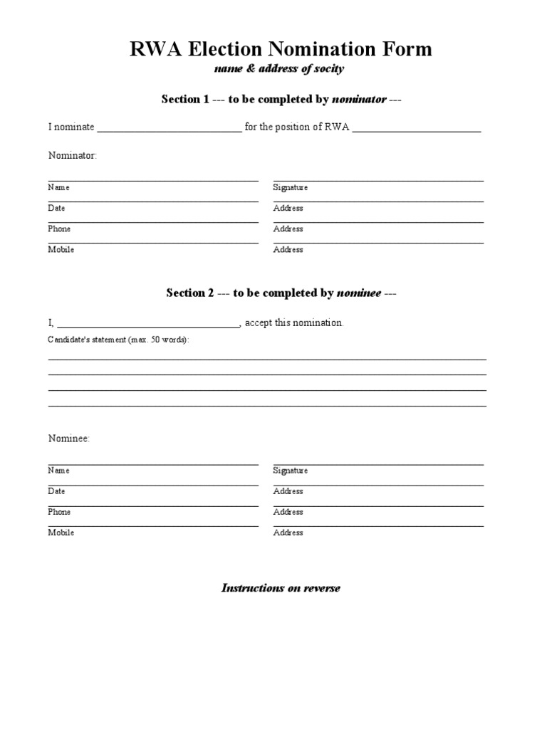 Nomination form for association election