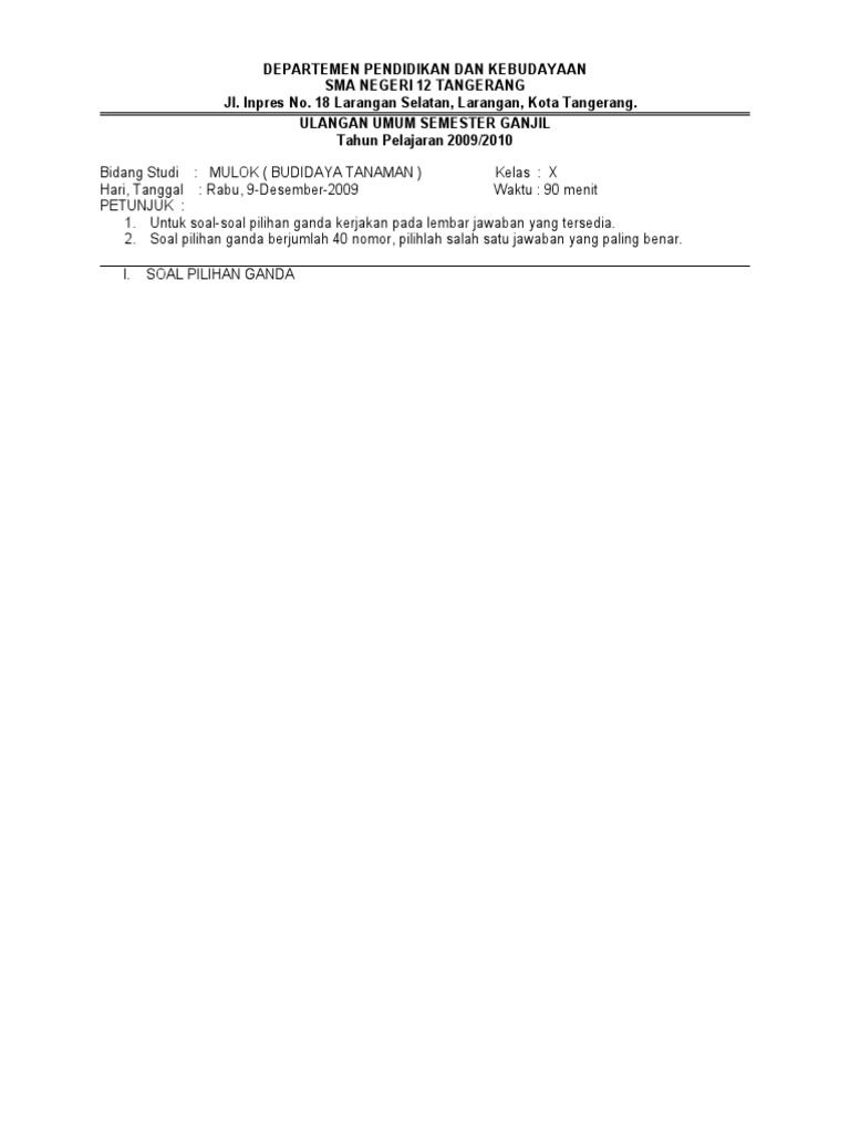 Soal Mulok Budidaya Sem 1