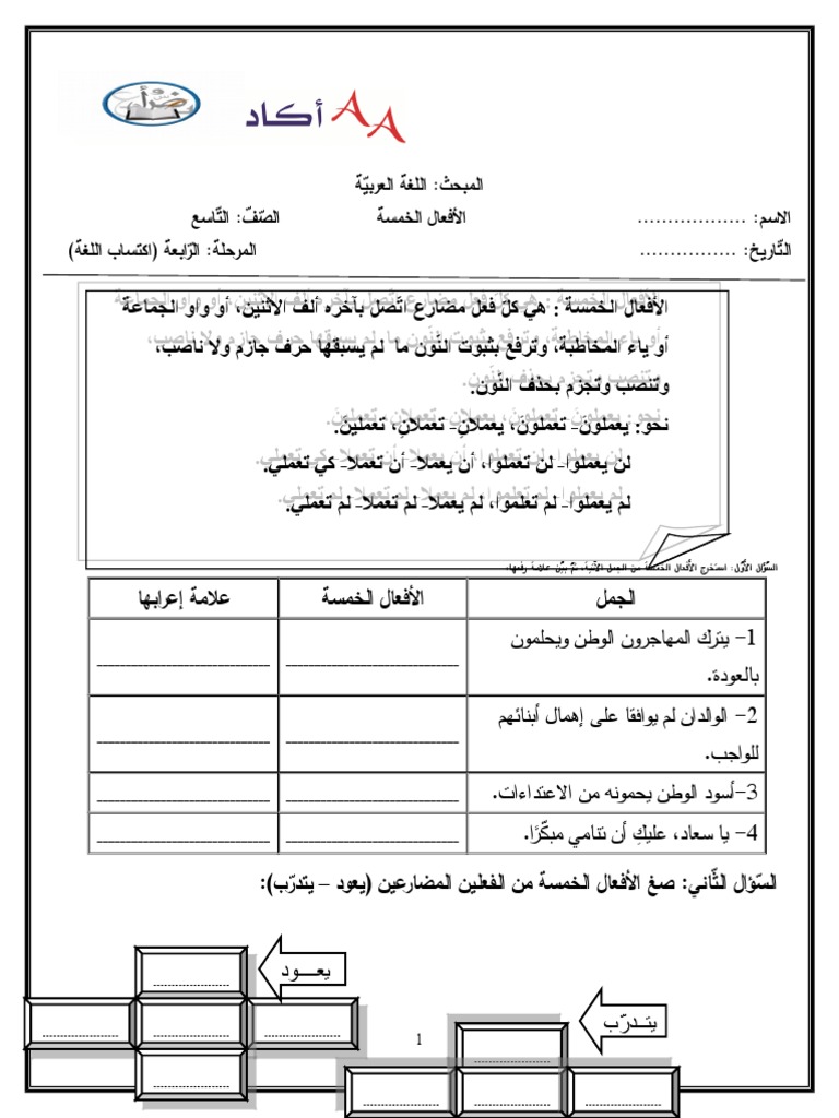 ورقة عمل الأفعال الخمسة Pdf