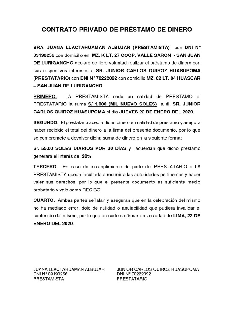 Contrato Privado de Préstamo de Dinero | PDF | Finanzas y dinero