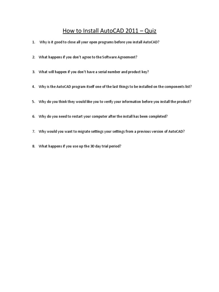 AutoCAD 2011 Installation Quiz Guide | PDF