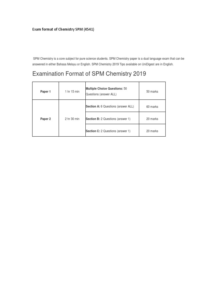 Exam Format of Chemistry SPM | PDF