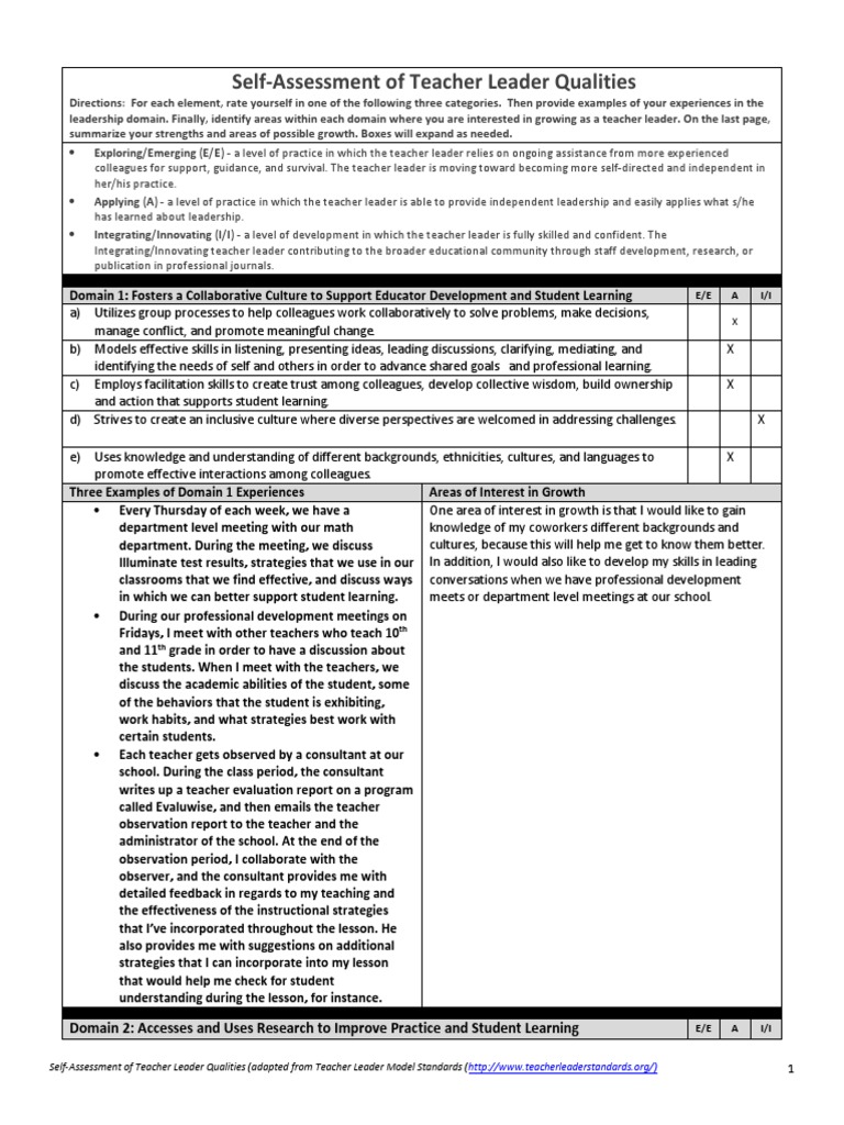 Teacher Leader Qualities Self Assessment PDF Teachers Leadership