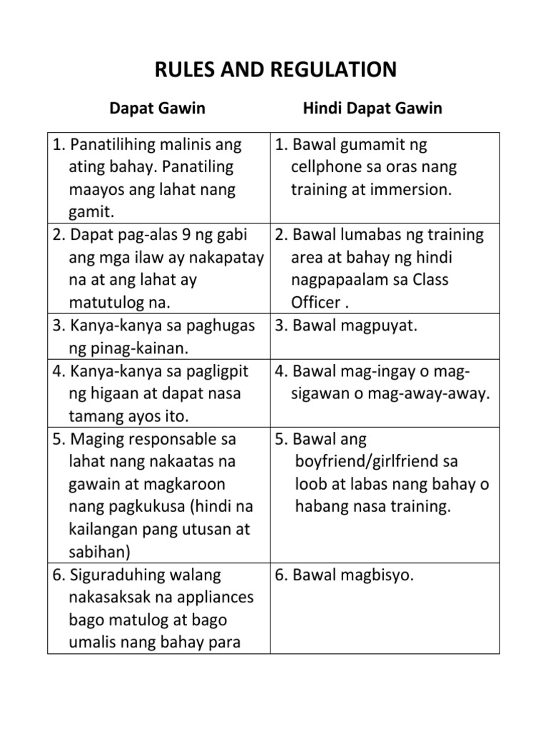 Rules And Regulations In Tagalog