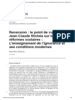 Recension - Le Point de Vue de Jean-Claude Michéa Sur Les Réformes Scolaires - L'enseignement de L'ignorance Et Ses Conditions Modernes