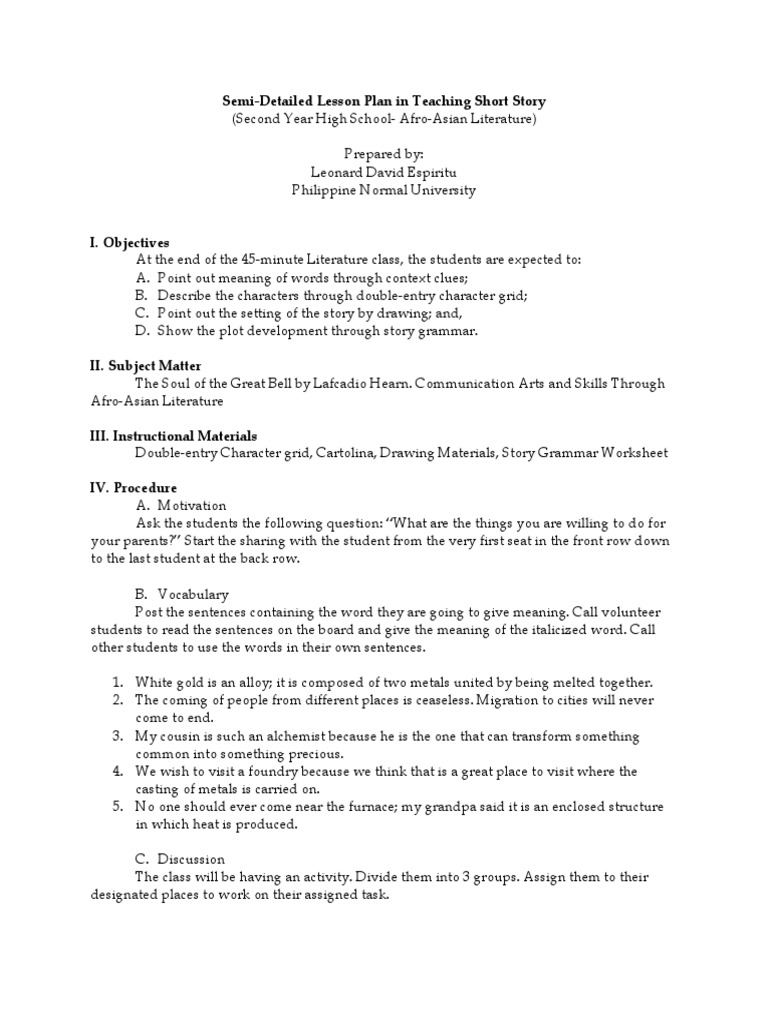 Semi Detailed Lesson Plan in Teaching Short Story PDF | PDF | Lesson ...