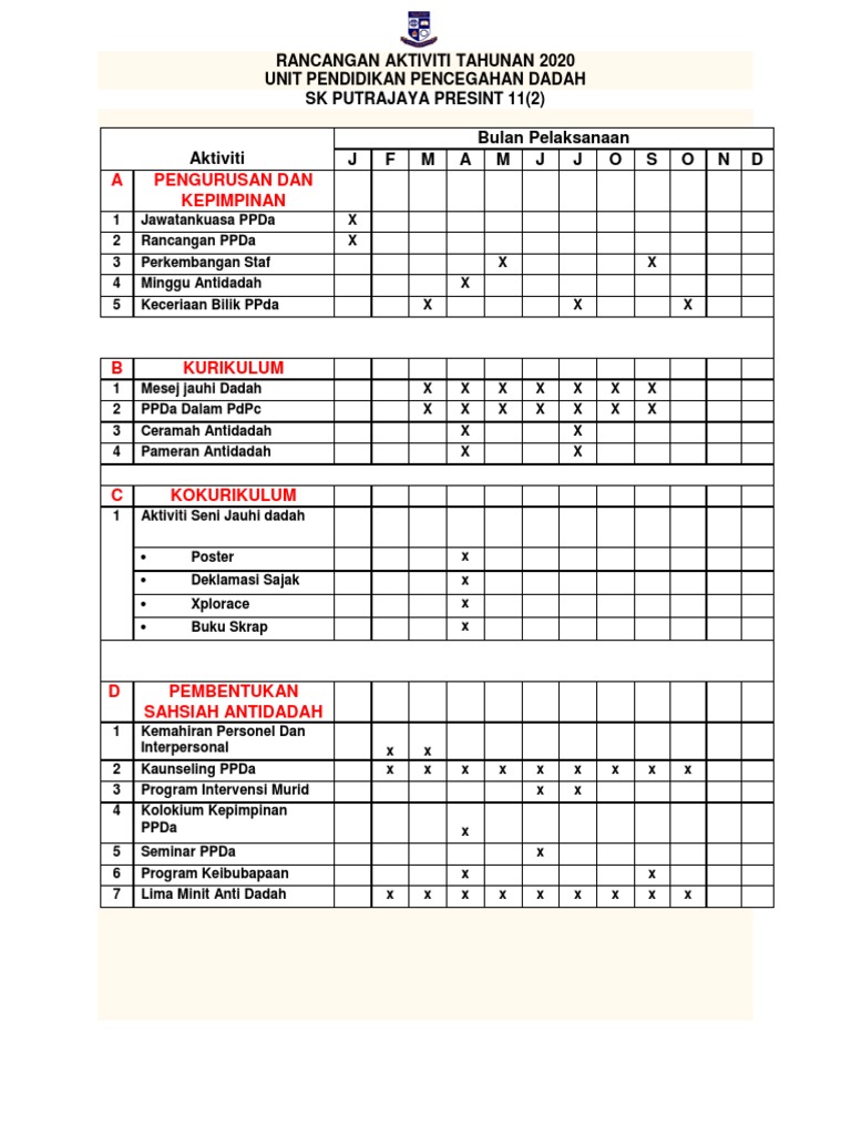 Perancangan Aktiviti Tahunan 2020 Unit Ppda 2020 Pdf