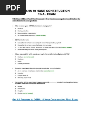 Osha 10 Construction Final Exam Answer Key Pdf