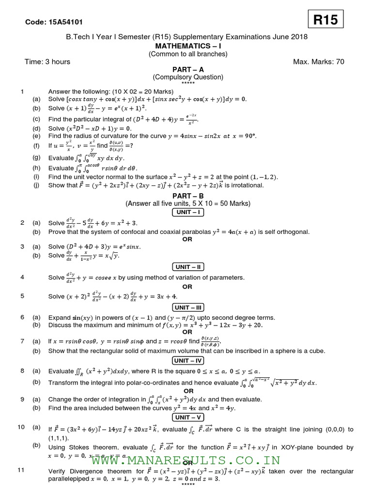 B.Tech Mathematics I Exam June 2018 | PDF