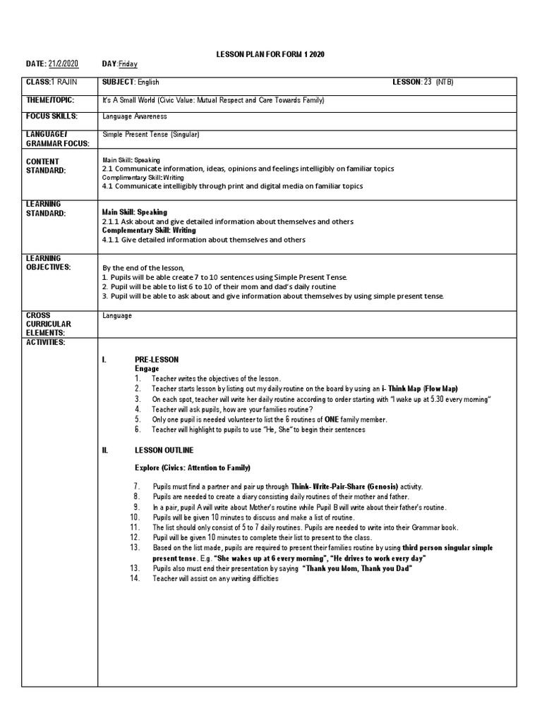Form 1 English Lesson Plan: Simple Present | PDF | Lesson Plan | Teachers