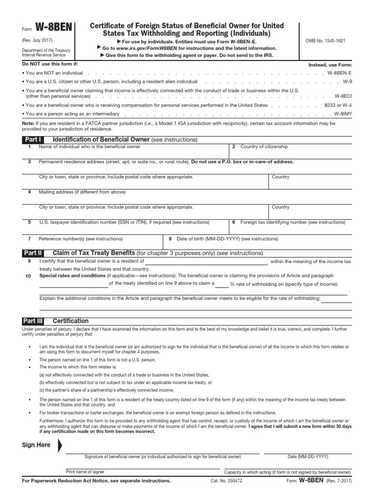 W8Ben With US Mailing (FILLABLE) PDF Irs Tax Forms Withholding Tax