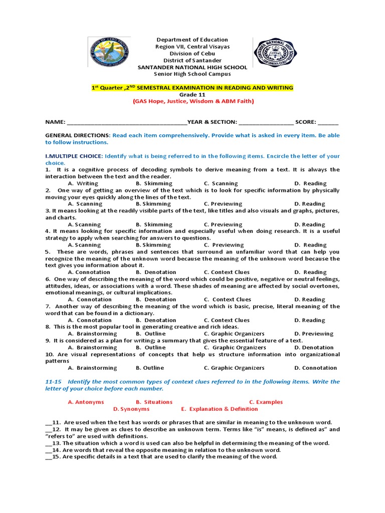 Grade 11 Reading & Writing Exam Guide | PDF | Speed Reading | Semantics
