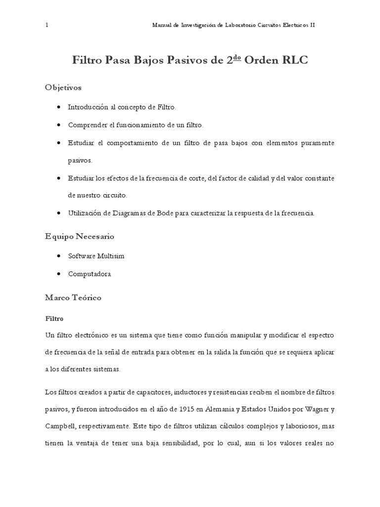 Filtro Pasa Bajos RLC de Segundo Orden | PDF | Filtro electronico ...