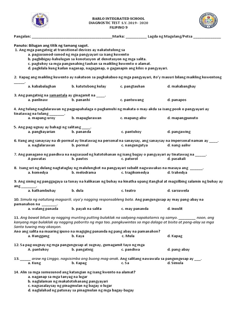 Diagnostic Test Filipino 9 PDF