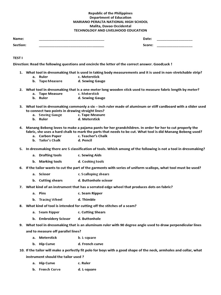DRESSMAKING EXAMGrade 8 1st grading TLE ans Sewing Embroidery