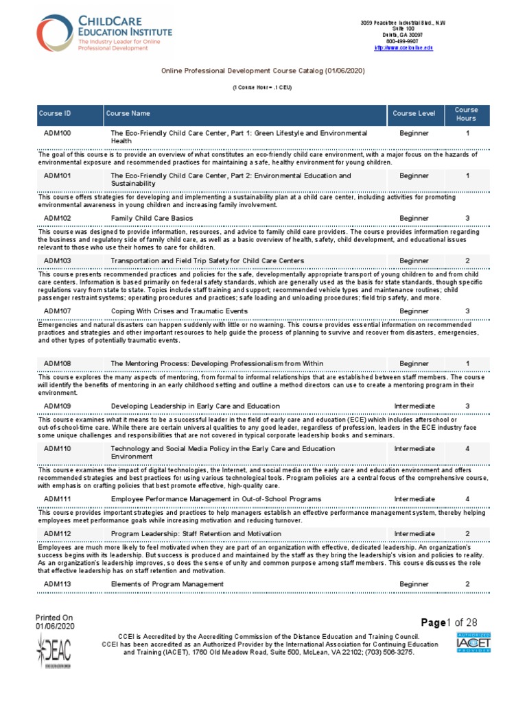 CCEI Course Catalog PDF PDF Foodborne Illness Early Childhood