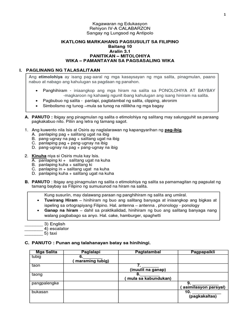 PAGSUSULIT SA FILIPINO 10 Aralin 3.1 | PDF