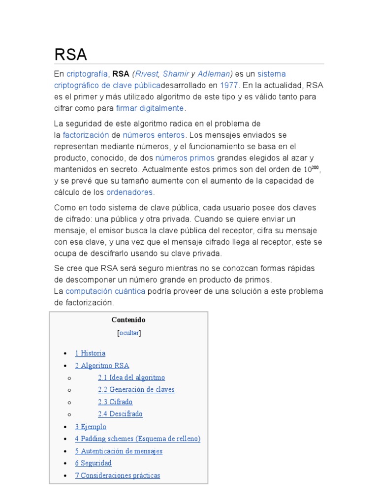 Algoritmo RSA: Cifrado y Claves | PDF | Matemáticas Aplicadas ...