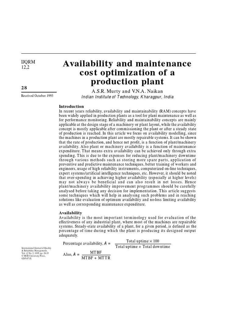 Availability and Maintenance Cost Optimization of A Production Plant ...