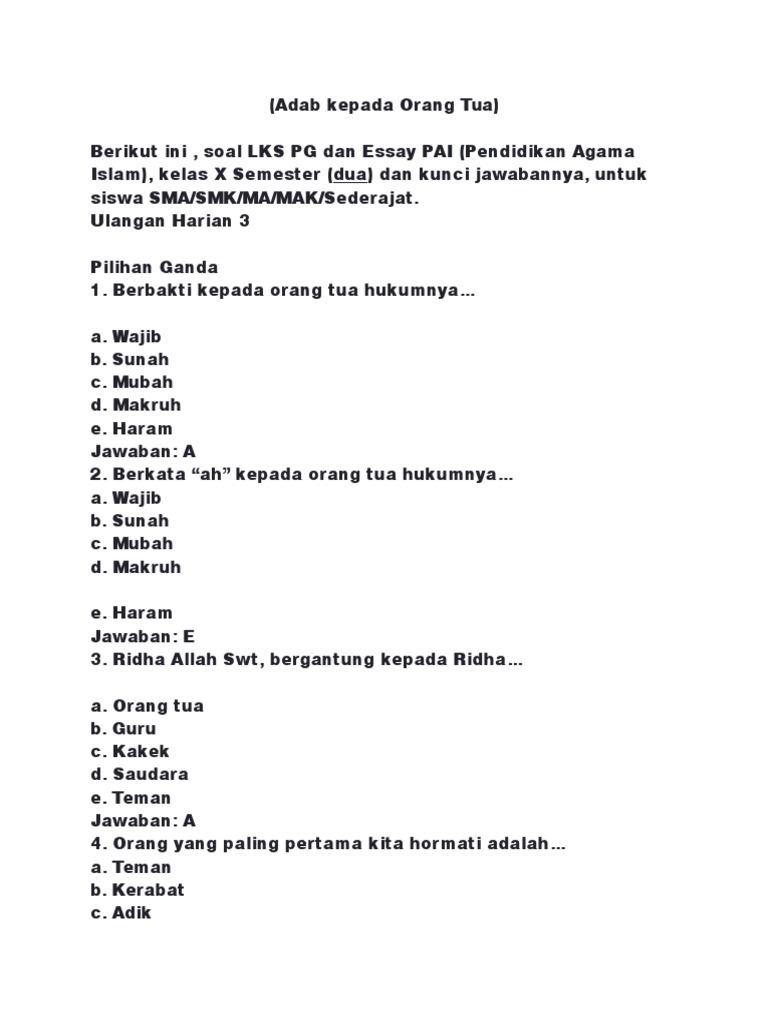 Soal Ganda Dan Essay Adab Kepada Orang Tua Pdf