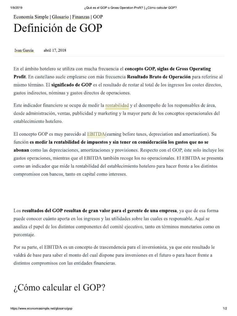 ¿Qué Es El GOP o Gross Operation Profit - ¿Cómo Calcular GOP - PDF | PDF