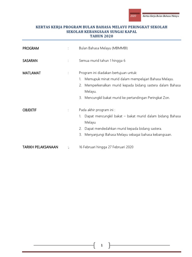 Kertas Kerja Program Bulan Bahasa Melayu 2020