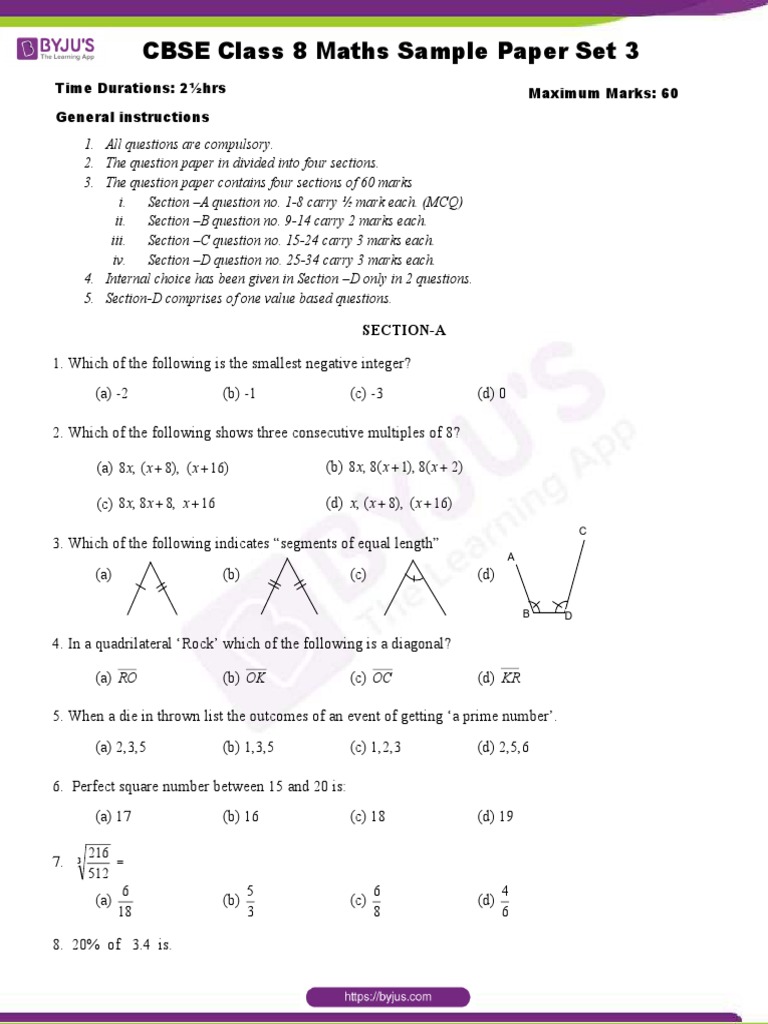 CBSE Class 8 Maths Sample Paper Set 3 PDF