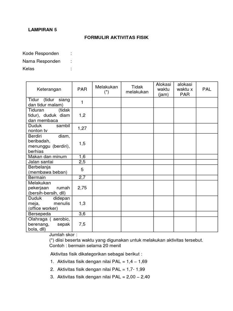 Formulir Aktivitas Fisik Pdf